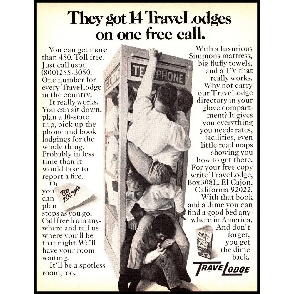 1970 Travelodge Hotel Motel Vintage Print Ad Telephone Phone Booth Wall Art